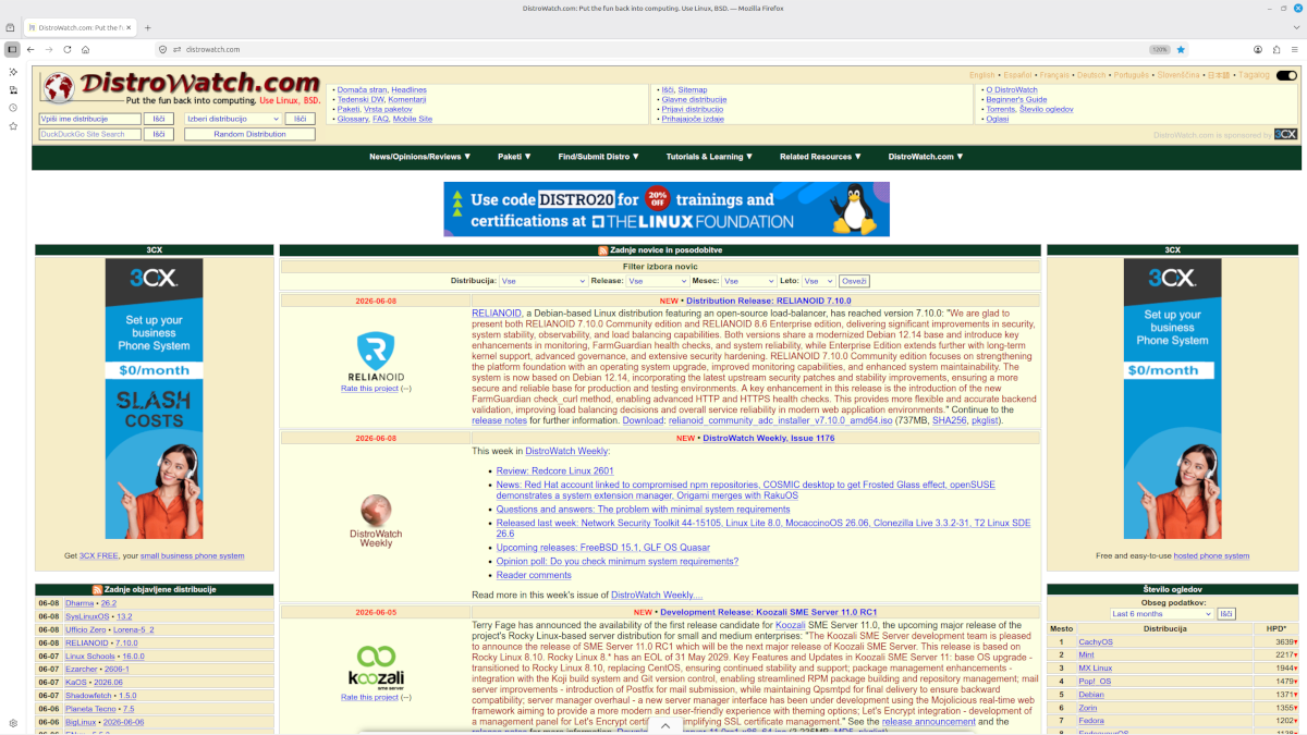 DistroWatch website showing a list of Linux distributions