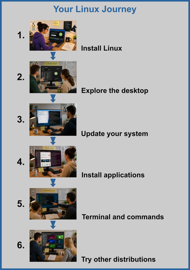 Infographic showing the path to learning Linux, from installation to exploring other distributions
