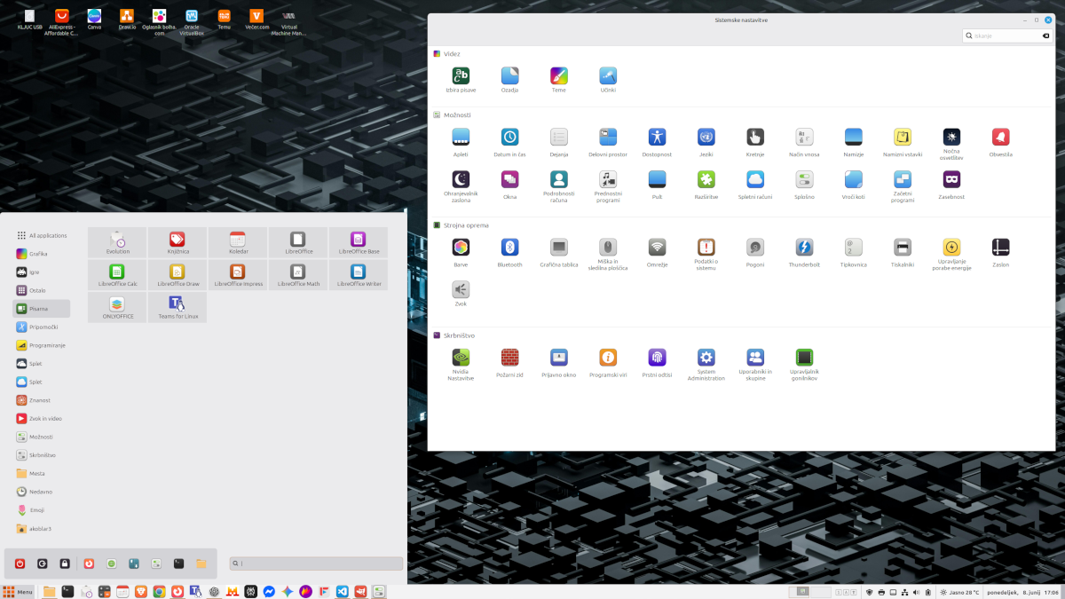 Linux Mint meni in sistemske nastavitve