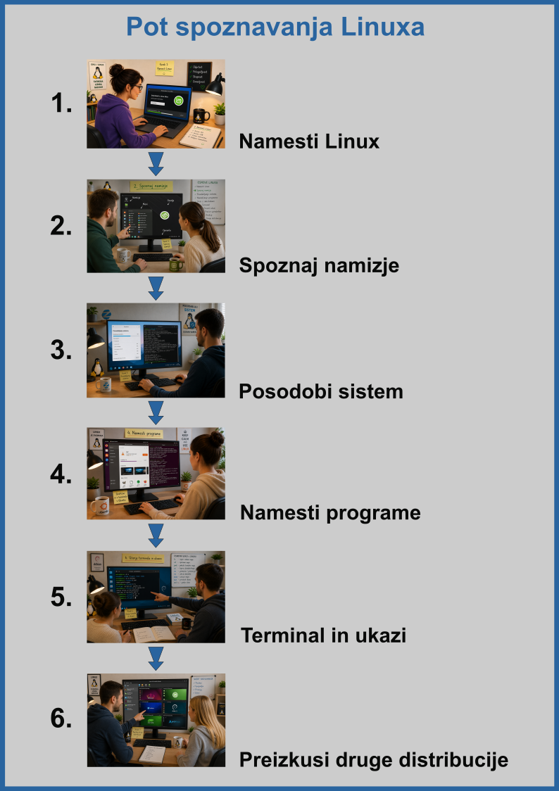 Infografika Pot spoznavanja Linuxa od namestitve do preizkušanja drugih distribucij